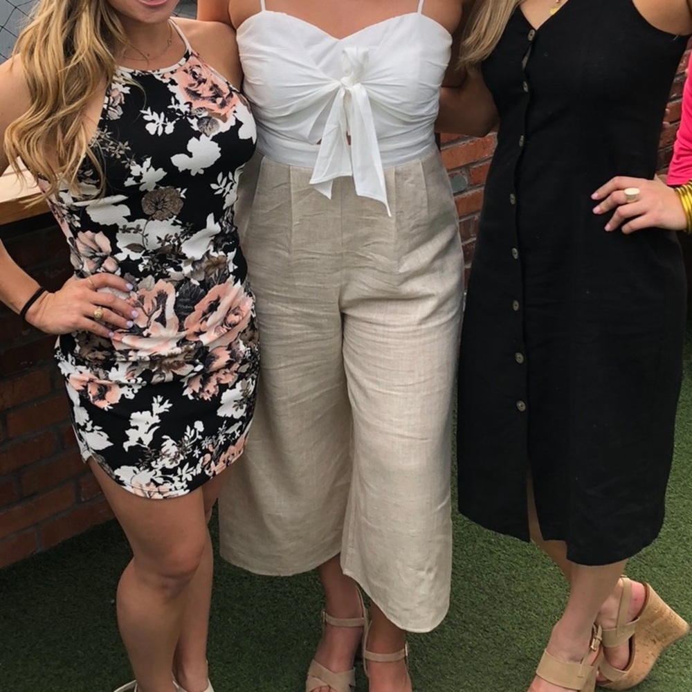 Linen blend White and Tan Jumpsuit - cropped